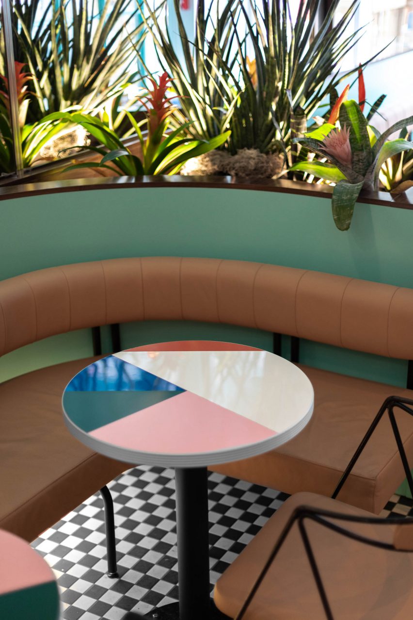 Circular tables boast a variation of five coloured laminates in graphic shapes