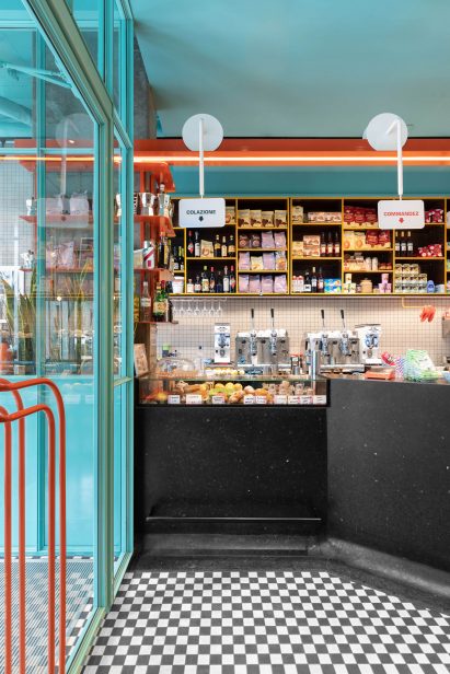 The monolithic black terrazzo bar at Caffettiera Caffé Bar