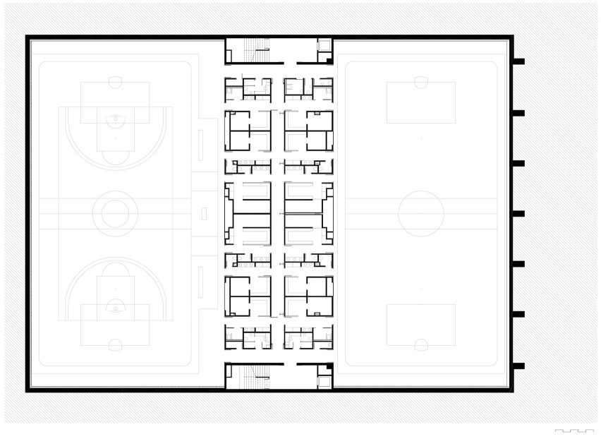 Lower basement floor plan for Camp del Ferro sports centre in Barcelona