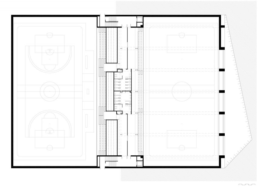 Upper basement floor plan for Camp del Ferro sports centre in Barcelona