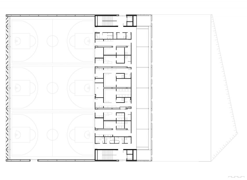 First floor plan for Camp del Ferro sports centre in Barcelona