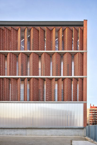 Sun shades on south elevation of Camp del Ferro sports centre in Barcelona