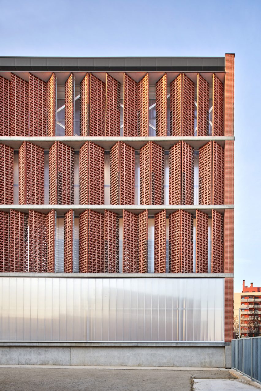Sun shades on south elevation of Camp del Ferro sports centre in Barcelona