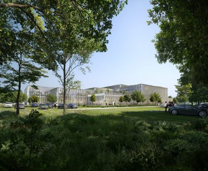 A visual of the proposed exterior for Cobot Hub by 3XN 