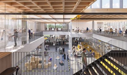 A visual of an atrium within Cobot Hub by 3XN 