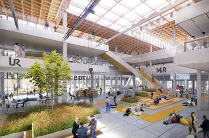A visual of an atrium within Cobot Hub by 3XN 