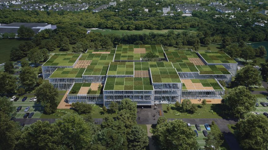 An aerial visual of the Cobot Hub by 3XN