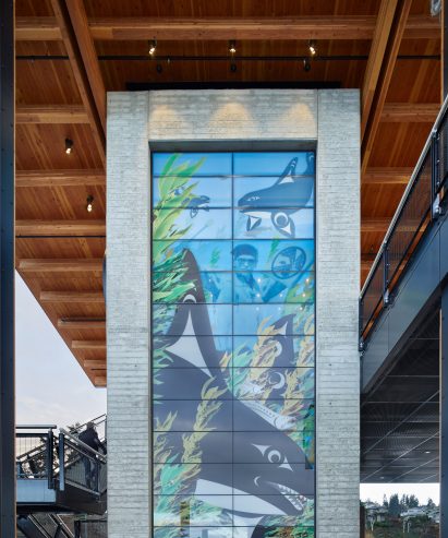 Glass mural on elevator shaft