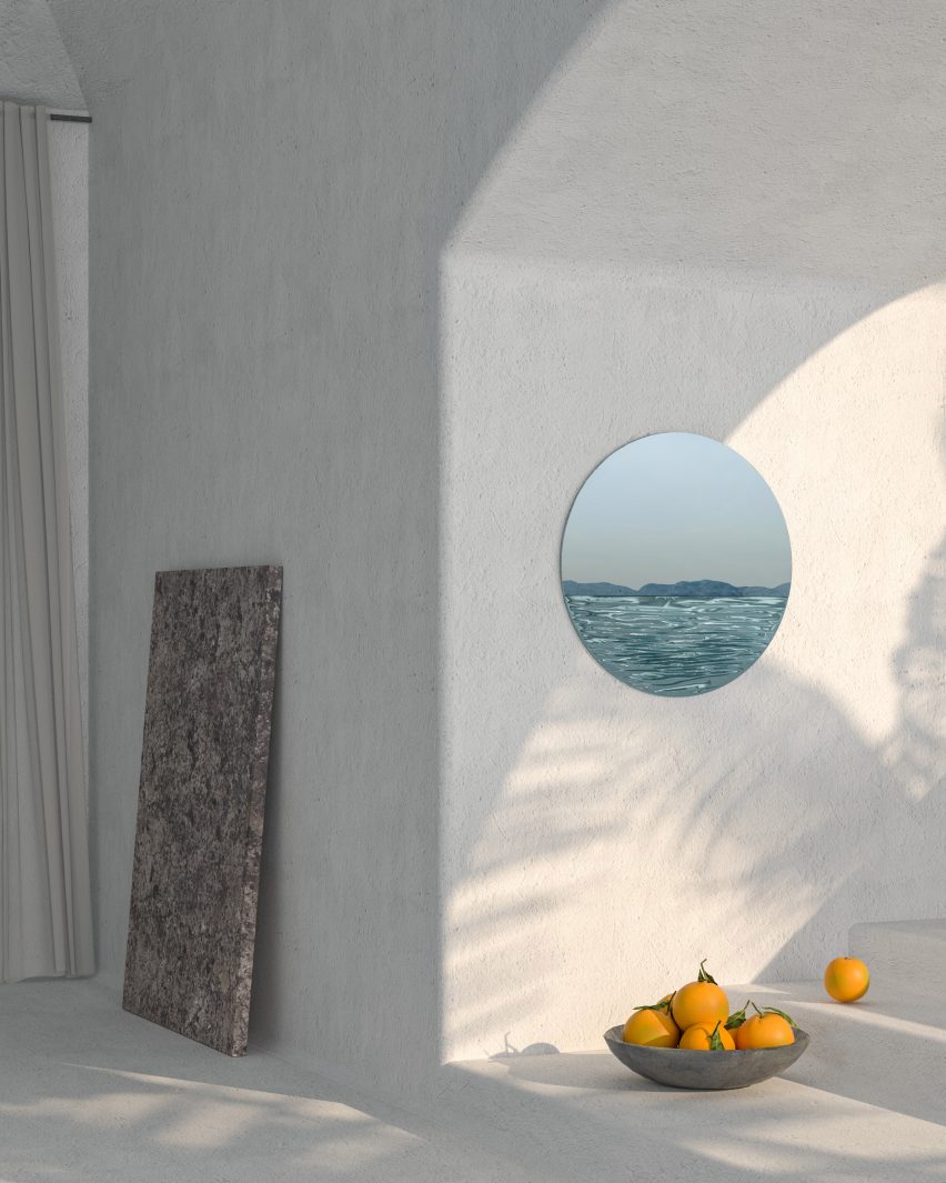 Orizon mirror by Ocrum Studio in moonlight blue rendered in an interior setting