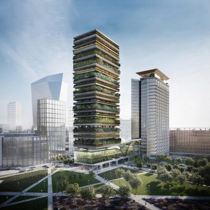 A visual of the Pirellino skyscraper in Milan linked to a timber tower