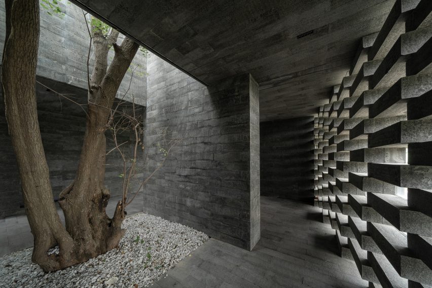 Inside the podium of the (Re)forming Duichuan Tea Yards centre by O-office Architects