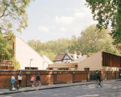 Sloping roofs of Sands End Arts and Community Centre by Mae Architects
