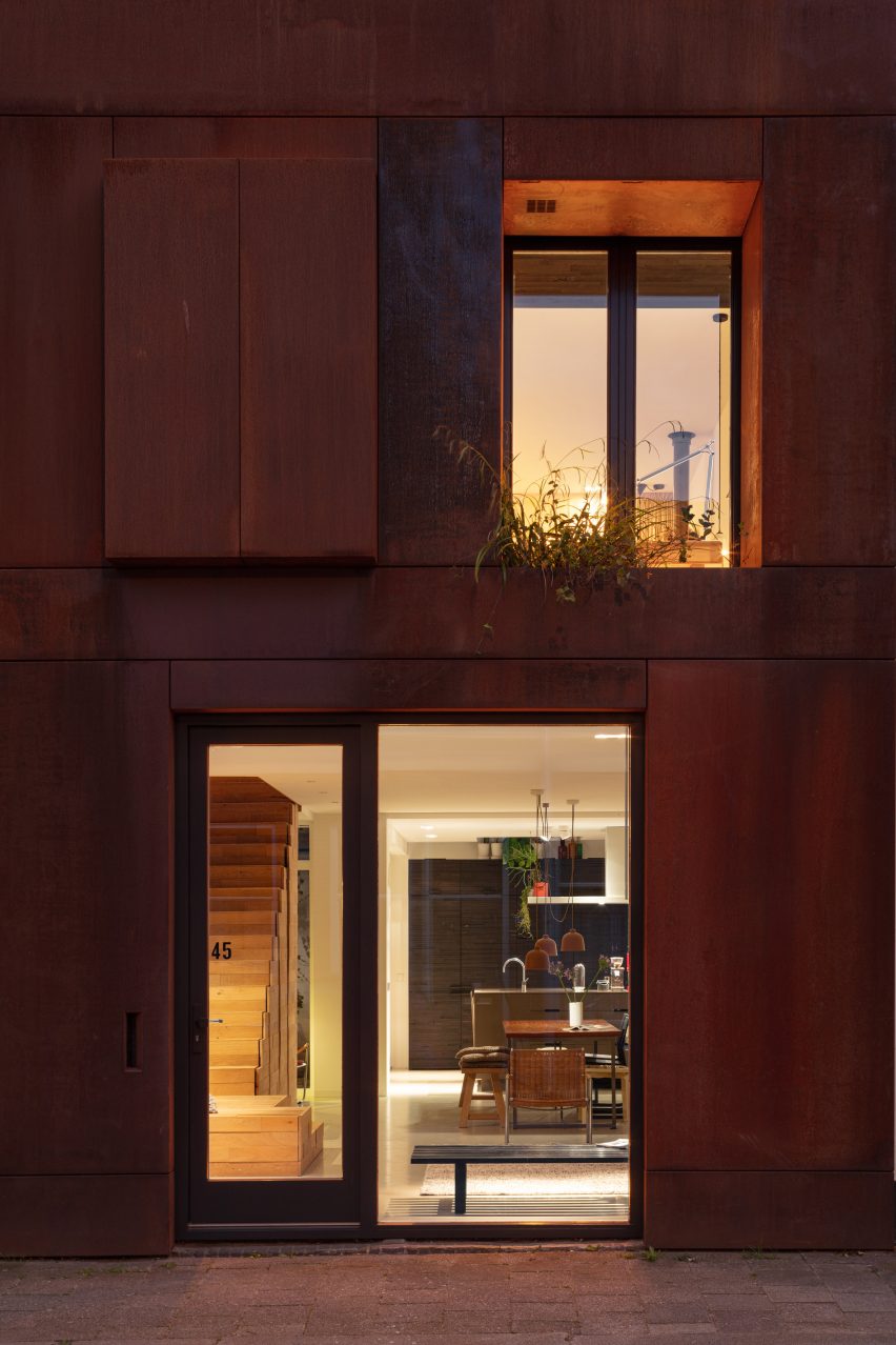 Recessed front door of Steel Craft House