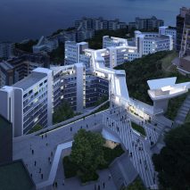 An aerial visual of The rooftop walkway of the Student Residence Development at HKUST by Zaha Hadid Architects