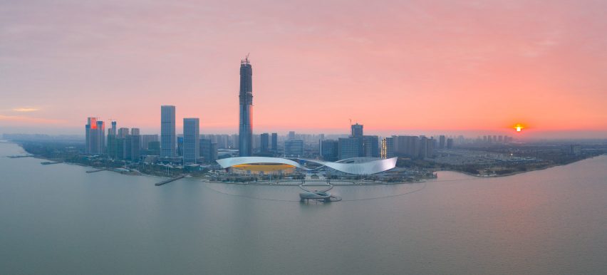 A view of the Suzhou Bay Cultural Center by Christian de Portzamparc from Lake Tai