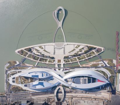 An aerial view of the Suzhou Bay Cultural Center by Christian de Portzamparc