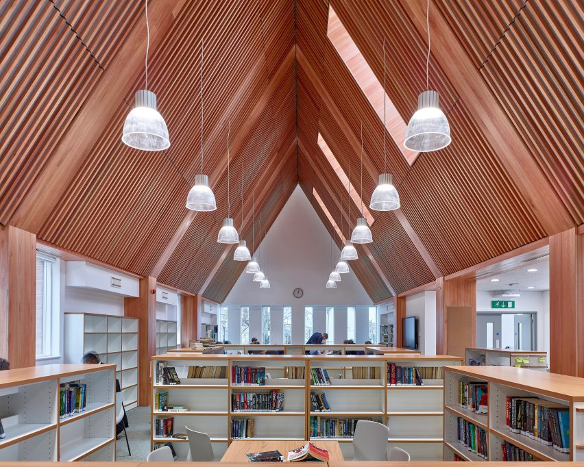 Timber lined ceiling in library