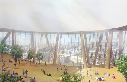 A visual of public plaza inside the crown of a supertall skyscraper