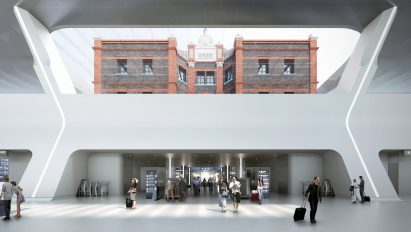 Reconstructed station building seen from the sunken concourse