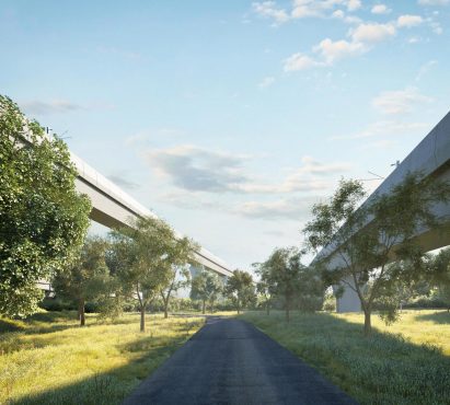 A visual of an orchard below a pair of railway viaducts in Warwickshire