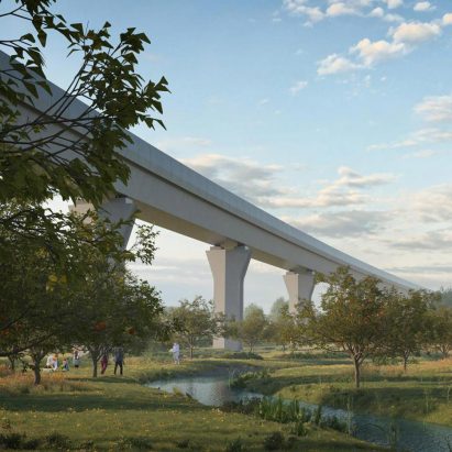 A visual of an orchard below a pair of railway viaducts in Warwickshire