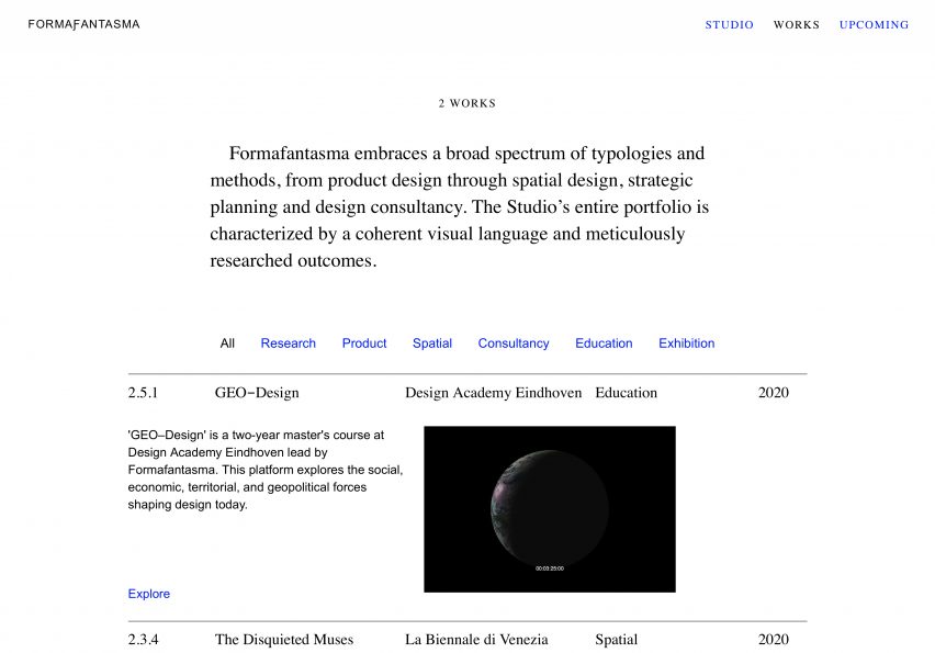 The website's project archive in white