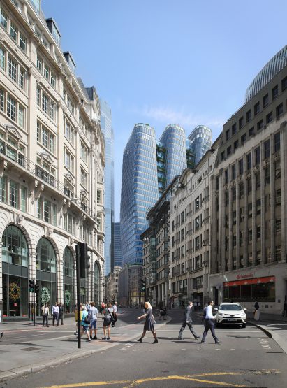 A visual of a trio of skyscrapers in east London