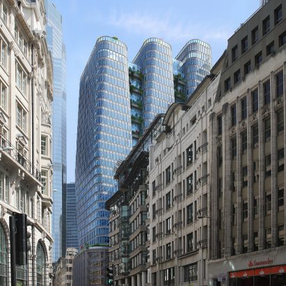 A visual of a trio of skyscrapers in east London