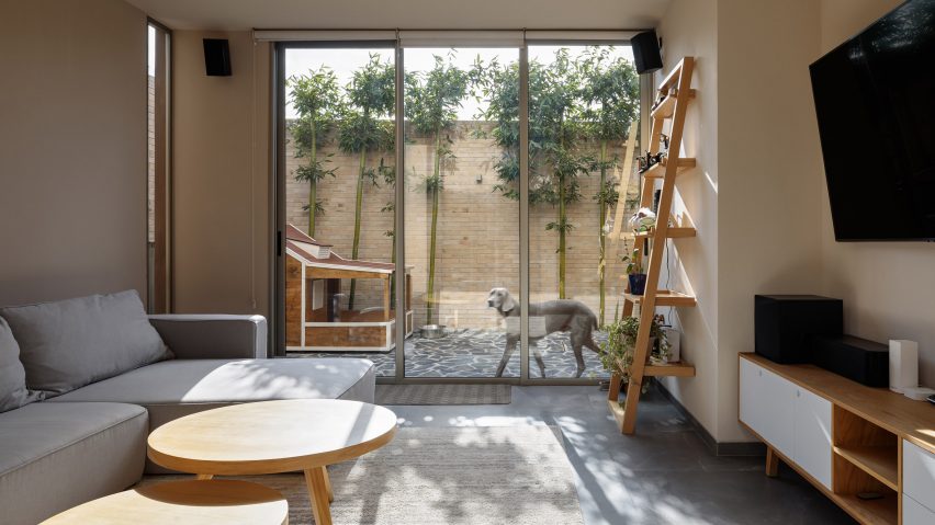 A courtyard view from inside the home