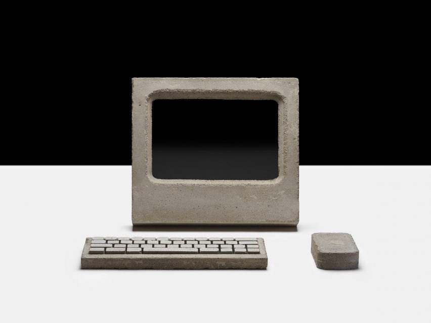 A clay desktop computer and keyboard and mouse
