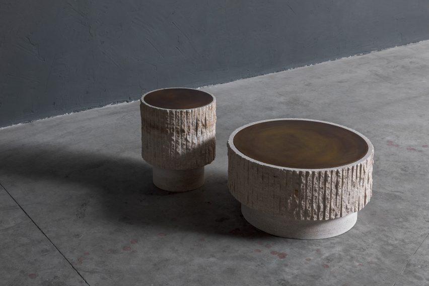 Ambigue pedestal and coffee table by Frederic Saulou