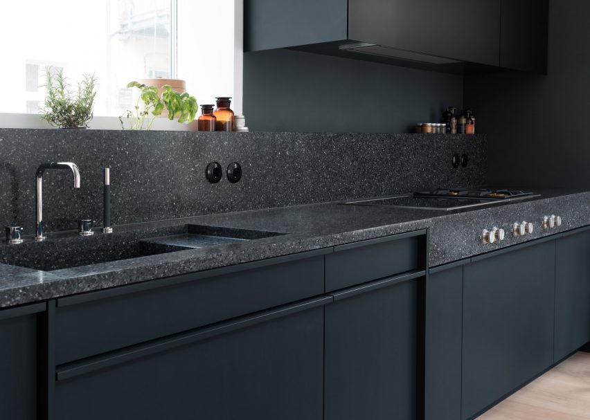 Terrazzo is used for the counter tops