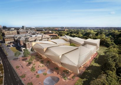 An aerial visual of a museum