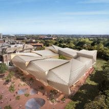 An aerial visual of a museum