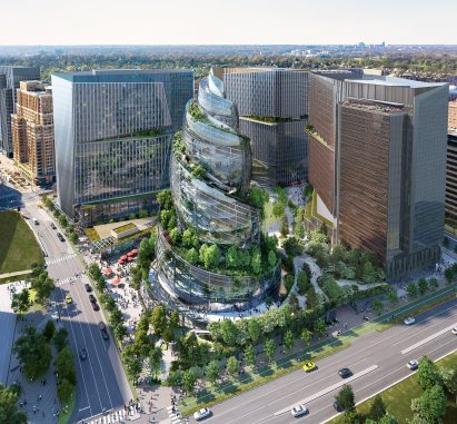 Glass spiral tower of Amazon HQ2 by NBBJ