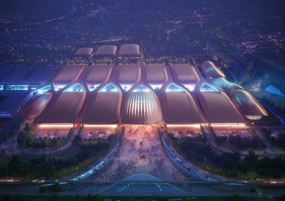 An aerial visual of a Chinese exhibition centre