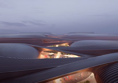 The striped roof of a Chinese exhibition centre