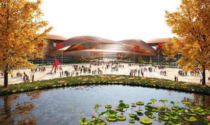 A copper-coloured exhibition centre by Zaha Hadid Architects