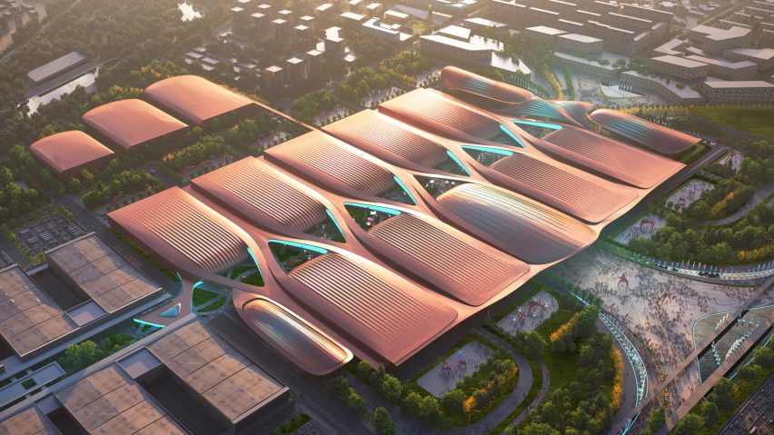 An aerial visual of a copper-coloured exhibition centre