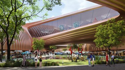 Gardens of a copper-coloured exhibition centre