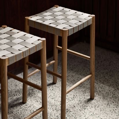Betty TK8 stool in oak and natural webbing by Thau & Kallio for &Tradition