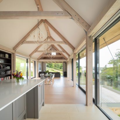 Living room within timber-framed house