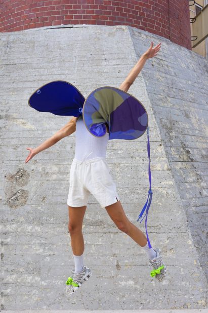 Person wearing a distance keeper from the Bounding Spaces collection by Anna-Sophie Dienemann