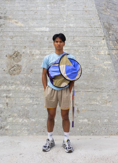 Man wearing a compressed distance keeper from the Bounding Spaces collection by Anna-Sophie Dienemann
