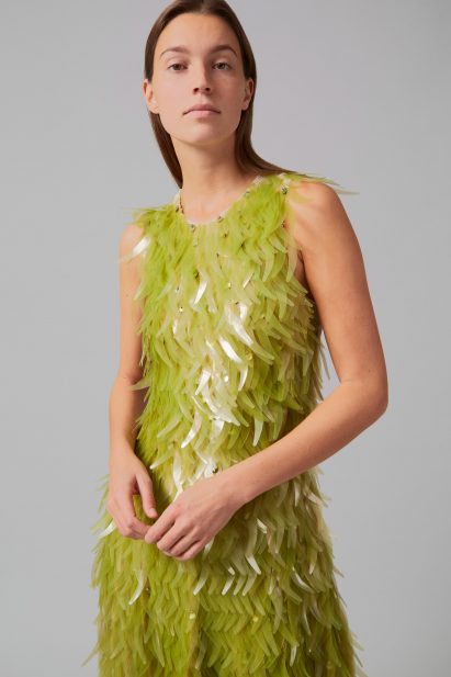 Close-up of algae sequins dress by Phillip Lim and Charlotte McCurdy as part of One X One project