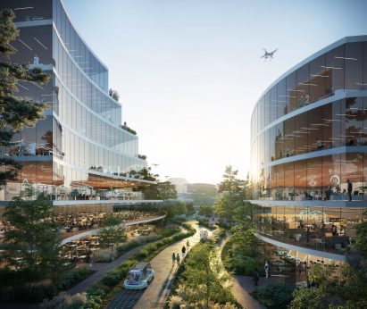 A visual of glass buildings in Chengdu for a masterplan by OMA