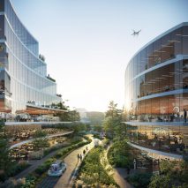 A visual of glass buildings in Chengdu for a masterplan by OMA