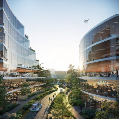 A visual of glass buildings in Chengdu for a masterplan by OMA