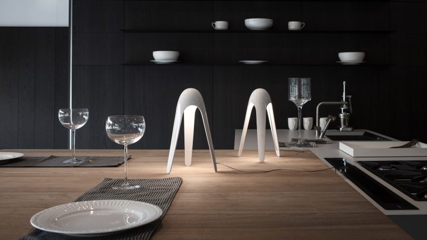 Karim Rashid's Cyborg light in white on a dinner table