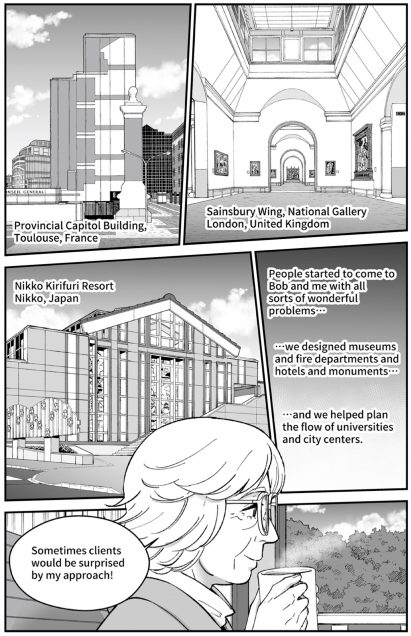 Scott Brown and Venturi buildings drawn in manga style